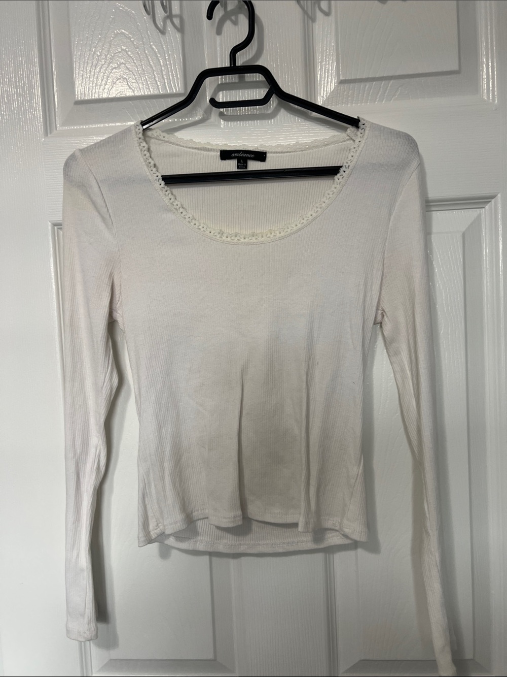 Ambiance White Ribbed Long Sleeve Scoop Neck Top with Lace Trim